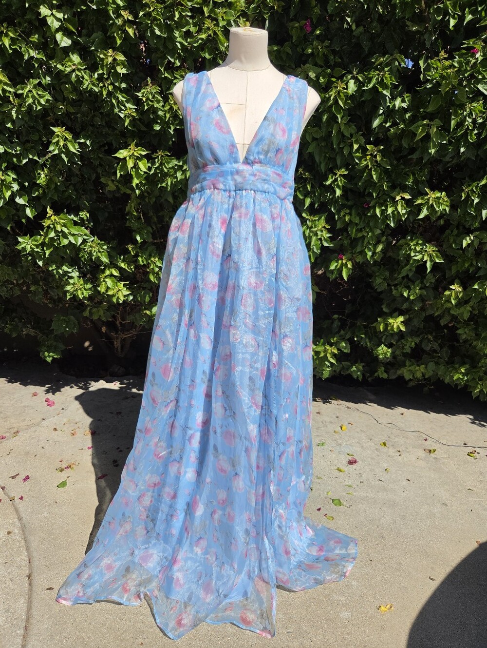 Lulus Garden Romance Maxi Dress Large Light Blue Floral Organza NWT